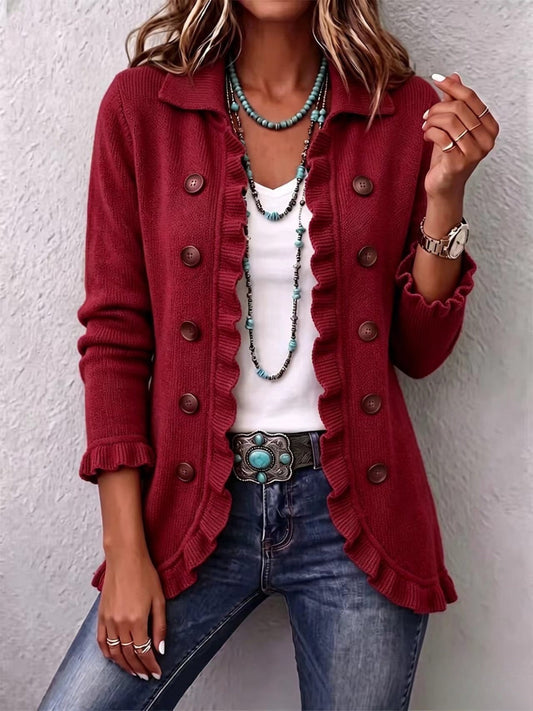 Chaqueta de punto rojo rubí con volantes Dolores