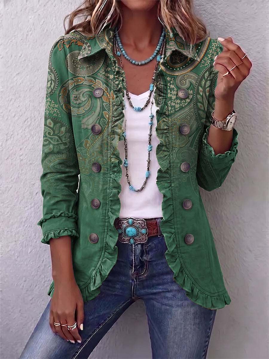Chaqueta cachemira verde con volantes Teodora