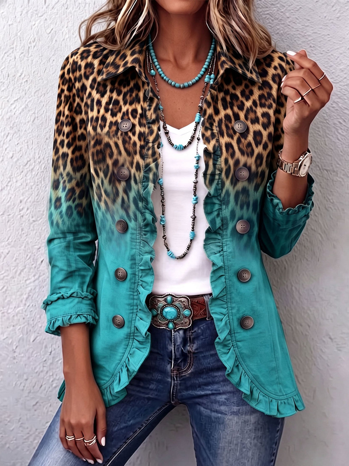 Blazer leopardo degradado con volantes Herminia