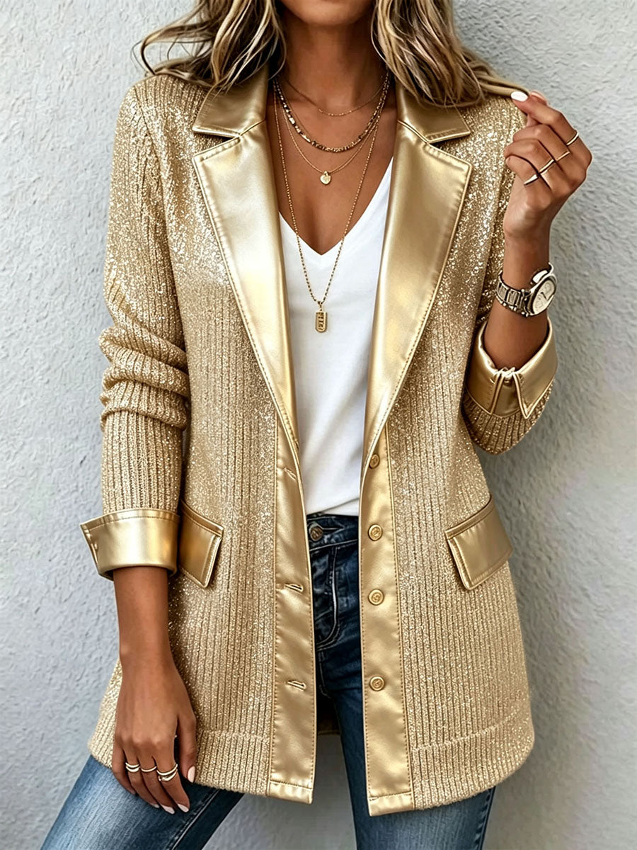 Blazer de punto dorado con ribetes de polipiel Aurora